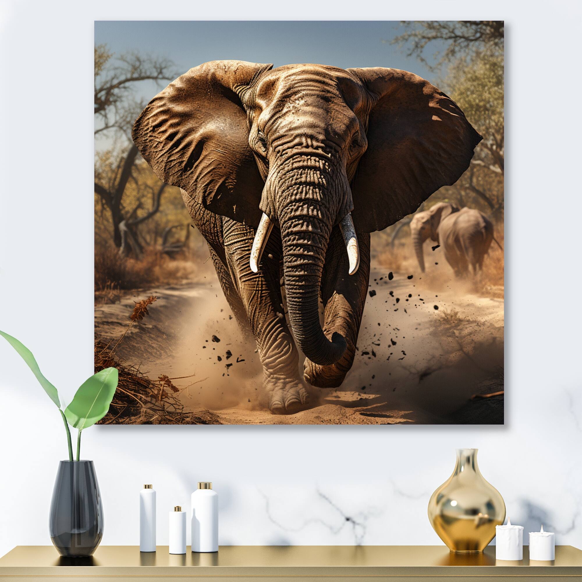 Designart "African Elephant Race Photography I" Animals Metal Wall Art Living Room On Sale